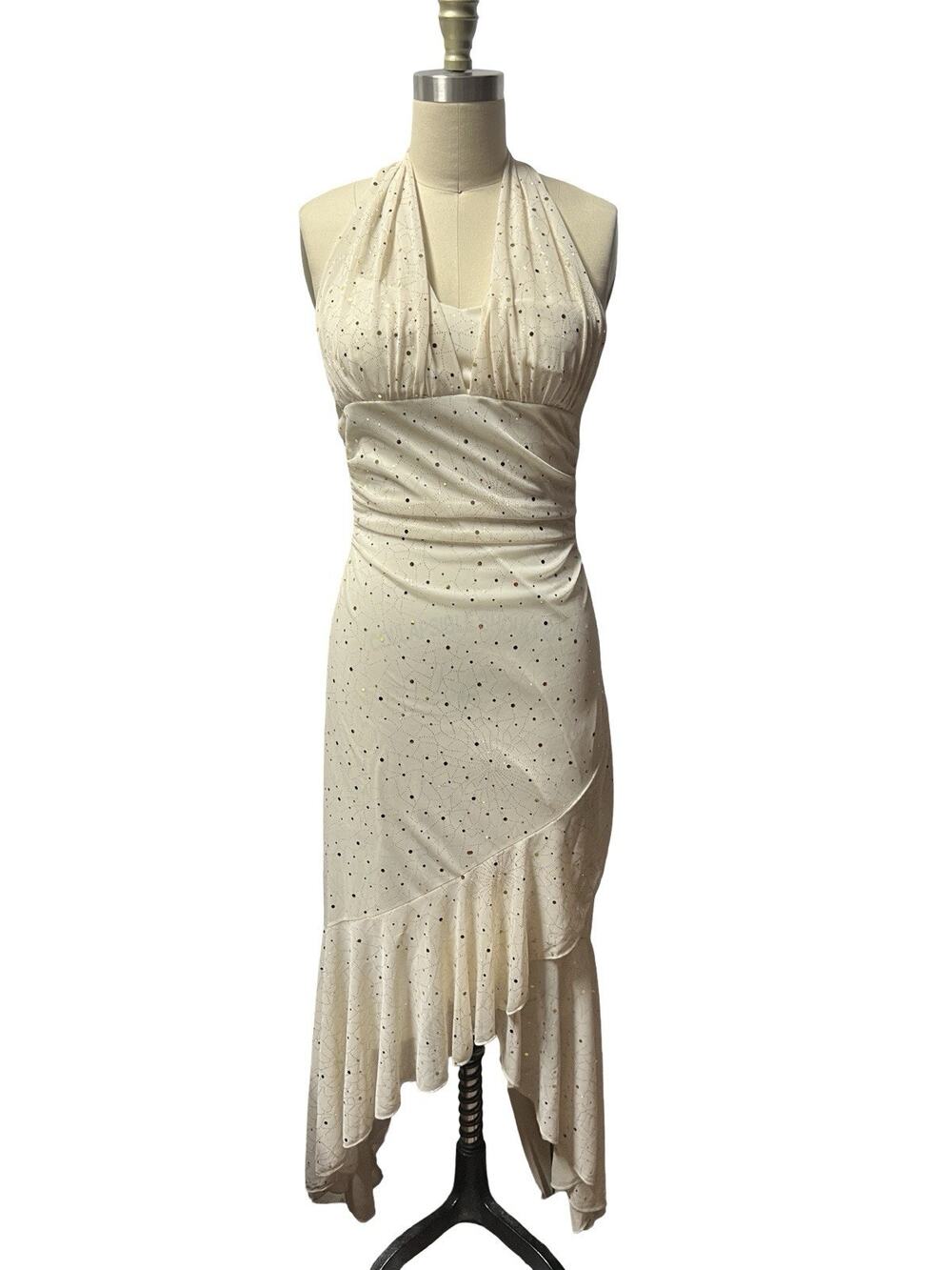 Vintage 90s Y2K Taboo Asymmetrical Dress Cream Sparkle Halter Fairycore Small